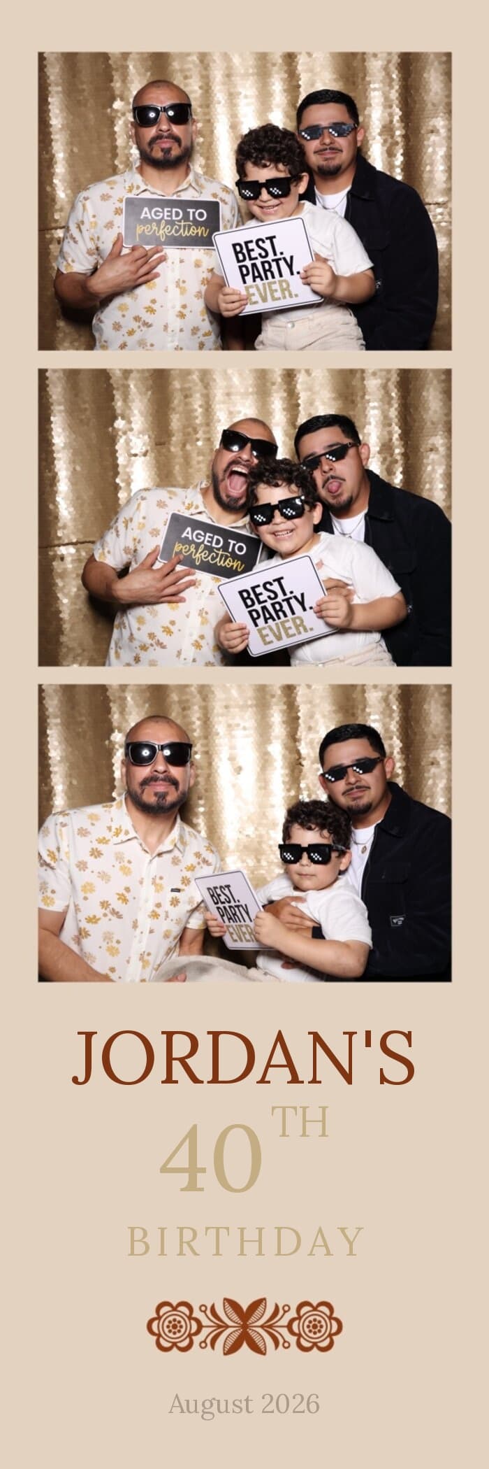 Branded Shutter Bar photo strip from a 40th birthday, gold sequin backdrop